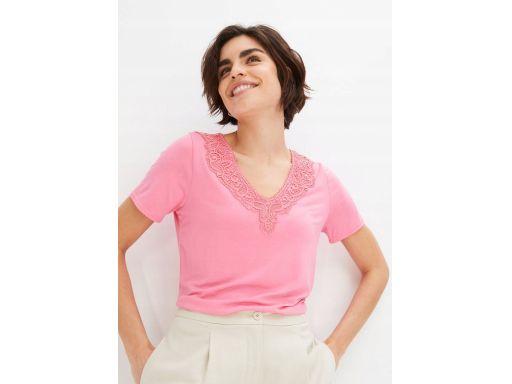 B.P.C t-shirt damski w serek z wiskozy z koronką różowy 40/42.