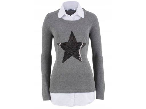 B.P.C sweter szary ze wstawką koszulową i cekinową gwiazdką r.40/42