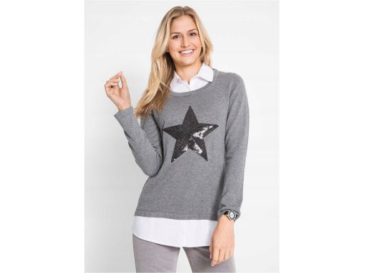 B.P.C sweter szary ze wstawką koszulową i cekinową gwiazdką r.40/42