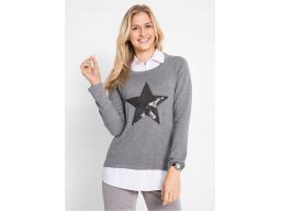 B.P.C sweter szary ze wstawką koszulową i cekinową gwiazdką r.40/42