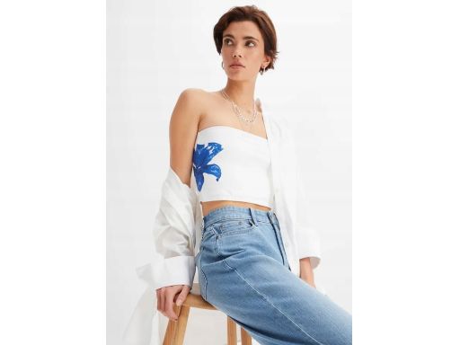 B.P.C top bandeau bawełniany biały z niebieskim nadrukiem 36/38.