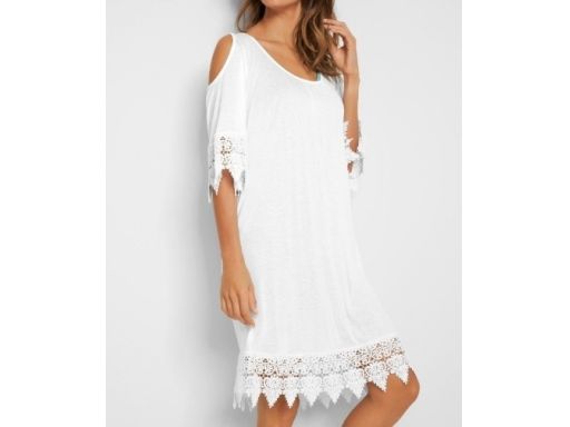 B.P.C sukienka tunika plażowa odkryte ramiona biała z koronką r.40/42