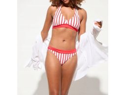 B.P.C biustonosz bikini trójkątne miseczki wiązane na szyi w paski r.3