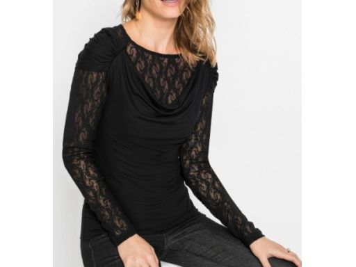 B.P.C czarna bluzka z koronką i marszczeniem ^36/38