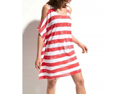 B.P.C sukienka plażowa biało-czerwona w paski z wycięciami 52/54.