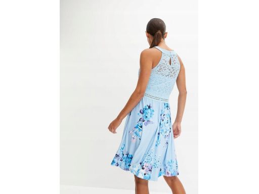 B.P.C letnia sukienka kolorowa niebieska z koronką i ażurowym paskiem