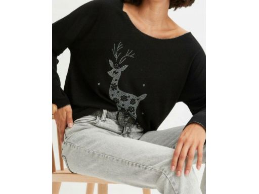 B.P.C czarna bluzka dzianinowa ze srebrnym wzorem świątecznym ^52/54
