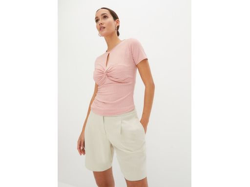 B.P.C t-shirt damski różowy prążkowany z drapowaniem ^32/34