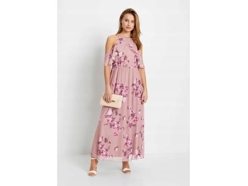 B.P.C długa maxi sukienka siateczkowa róż w kwiaty odkryte ramiona ^40