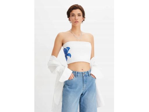 B.P.C Top bandeau bawełniany biała z niebieskim nadrukiem ^40/42