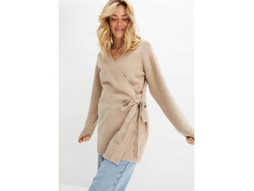 B.P.C długi sweter kopertowy wiązany beżowo-szary melanż 36/38.