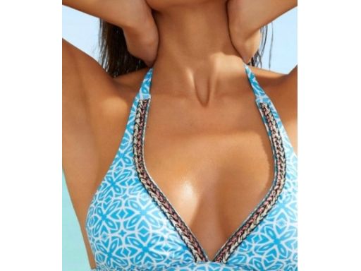 B.P.C bikini z wiązaniem na szyi niebieskie w białe wzory r.38 (75)