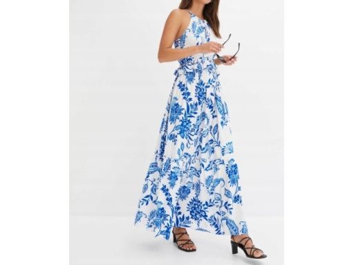 B.P.C długa sukienka letnia biała w niebieskie wzory r.50