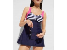 B.P.C długi top tankini granatowo-różowe paski r.48