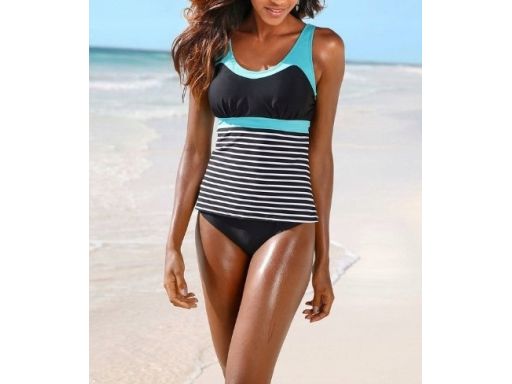 B.P.C top tankini czarno-biało-turkusowy w paski r.42