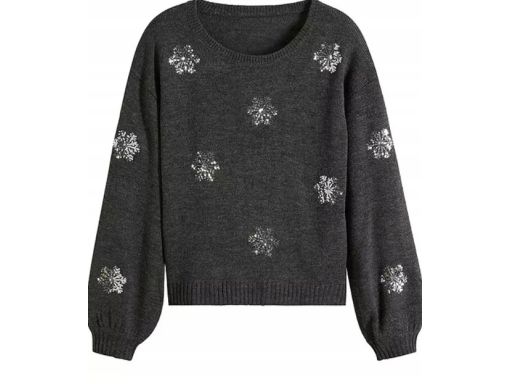 B.P.C sweter dzianinowy szary świąteczny w cekinowe śnieżynki 40/42.