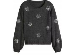 B.P.C sweter dzianinowy szary świąteczny w cekinowe śnieżynki 40/42.