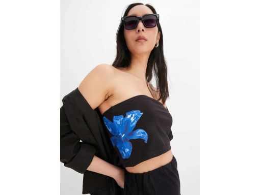 B.P.C top bandeau bawełniany czarny z niebieskim nadrukiem 44/46.