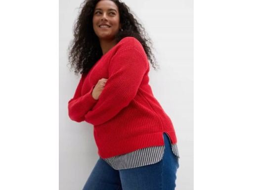 B.P.C sweter dzianinowy czerwony 2w1 ze wstawką koszulową 36/38.