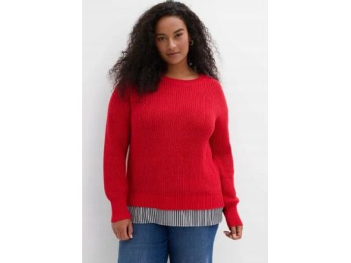 B.P.C sweter dzianinowy czerwony 2w1 ze wstawką koszulową 36/38.