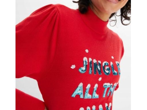 B.P.C sweter dzianinowy czerwony świąteczny z napisem z cekinów ^40/42
