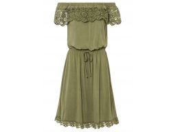 B.P.C sukienka oliwkowa z wiskozy carmen z koronką 52/54.