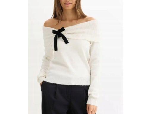 B.P.C sweter śmietankowy z dekoltem carmen i kokardą 36/38.