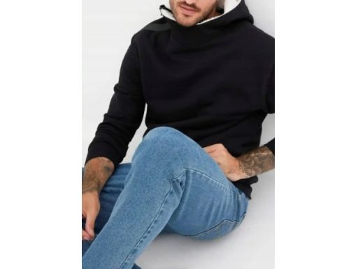 B.P.C bluza męska czarna z kapturem ocieplana jasnym polarem L.
