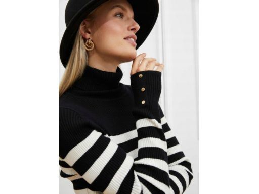 B.P.C sweter z golfem prążkowany czarny w śmietankowe paseczki 40/42.