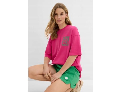 B.P.C t-shirt różowy z zielonymi napisami 52/54.
