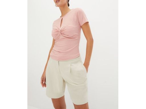 B.P.C t-shirt damski różowy prążkowany z drapowaniem 40/42.