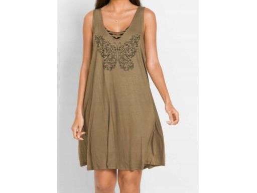 B.P.C sukienka plażowa khaki w motyle ^36/38
