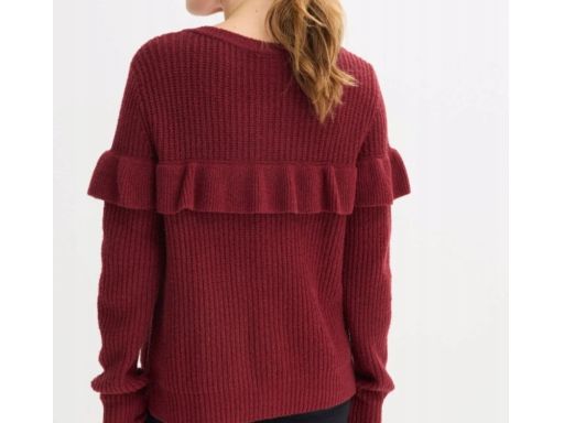 B.P.C sweter rozpinany bordowy z falbanką i złotymi guzikami 40/42.