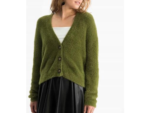 B.P.C sweter rozpinany włochaty zielony oliwkowy 44/46.