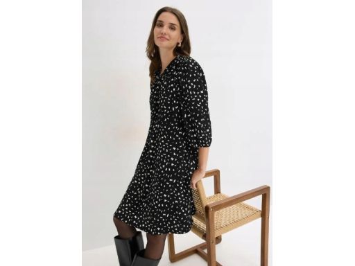 B.P.C sukienka midi czarna w jasne wzorki z krepy 44/46.