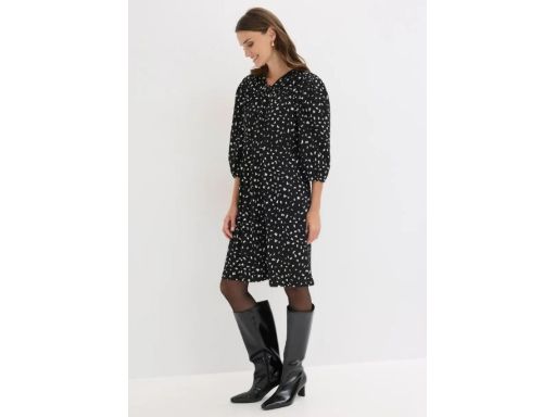 B.P.C sukienka midi czarna w jasne wzorki z krepy 44/46.