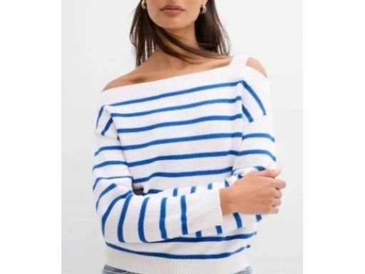B.P.C sweter biały w niebieskie paski na jedno ramię 48/50.