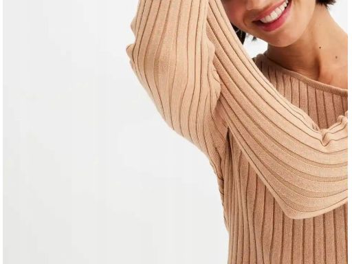 B.P.C sweter dzianinowy prążkowany beżowy na jedno ramię r.44/46