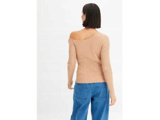 B.P.C sweter dzianinowy prążkowany beżowy na jedno ramię r.44/46