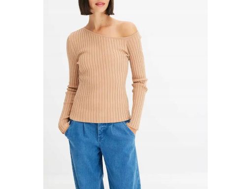 B.P.C sweter dzianinowy prążkowany beżowy na jedno ramię r.44/46