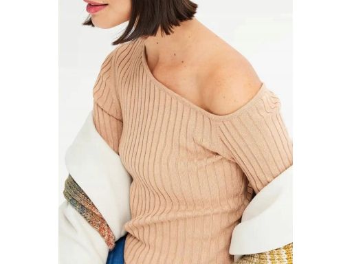 B.P.C sweter dzianinowy prążkowany beżowy na jedno ramię r.44/46