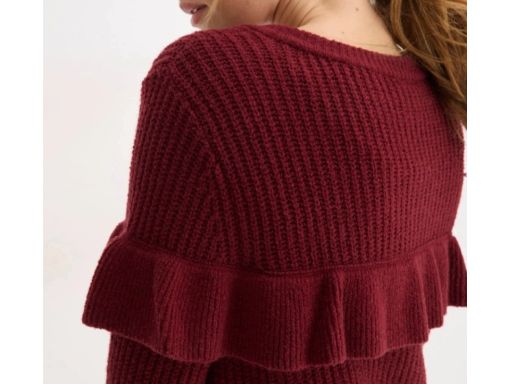 B.P.C sweter rozpinany bordowy z falbanką i złotymi guzikami 36/38.