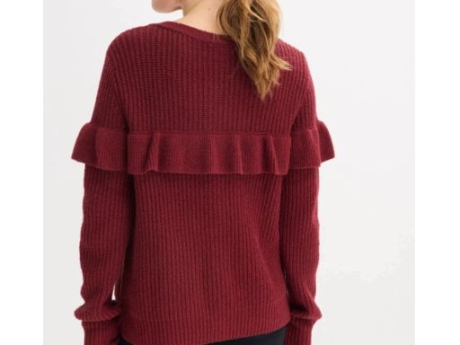 B.P.C sweter rozpinany bordowy z falbanką i złotymi guzikami 36/38.