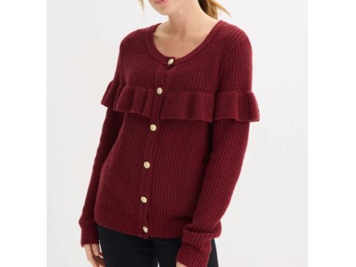 B.P.C sweter rozpinany bordowy z falbanką i złotymi guzikami 36/38.