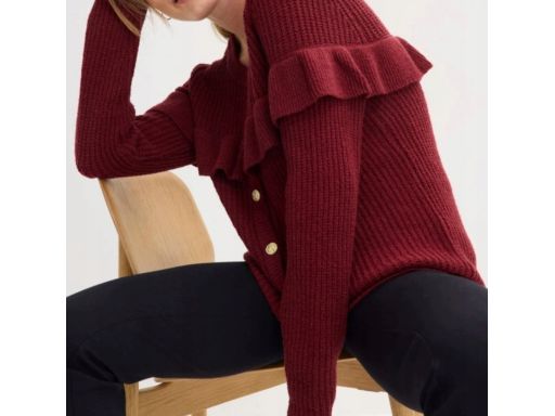 B.P.C sweter rozpinany bordowy z falbanką i złotymi guzikami 36/38.