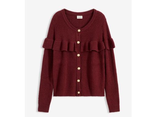 B.P.C sweter rozpinany bordowy z falbanką i złotymi guzikami 36/38.
