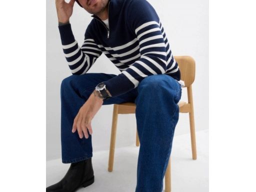 B.P.C sweter męski granatowo-biały w paski ze stójką i zamkiem XXL.