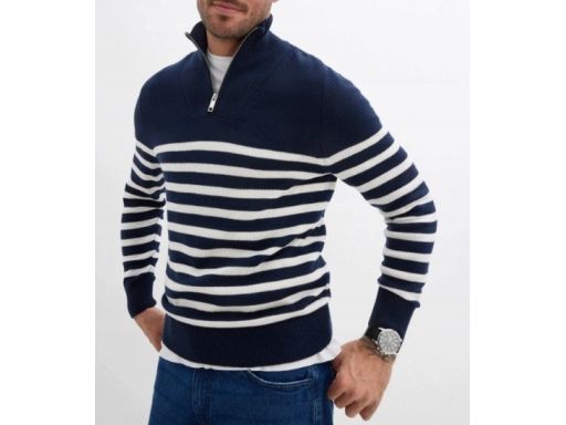 B.P.C sweter męski granatowo-biały w paski ze stójką i zamkiem XXL.