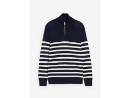 B.P.C sweter męski granatowo-biały w paski ze stójką i zamkiem XXL.