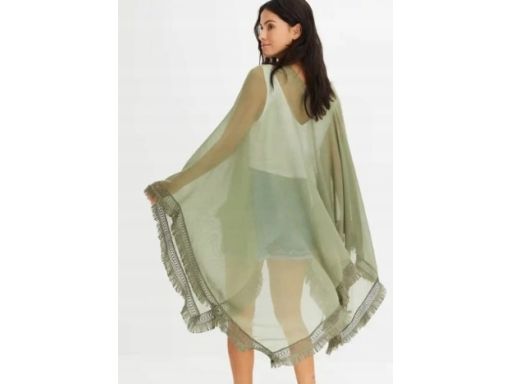 B.P.C poncho letnie oliwkowe z frędzlami i koronką one size.